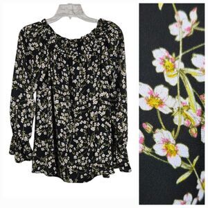 Belle + Sky Floral Black Women's Top Puffy Flare Long Sleeve Chiffon Blouse M